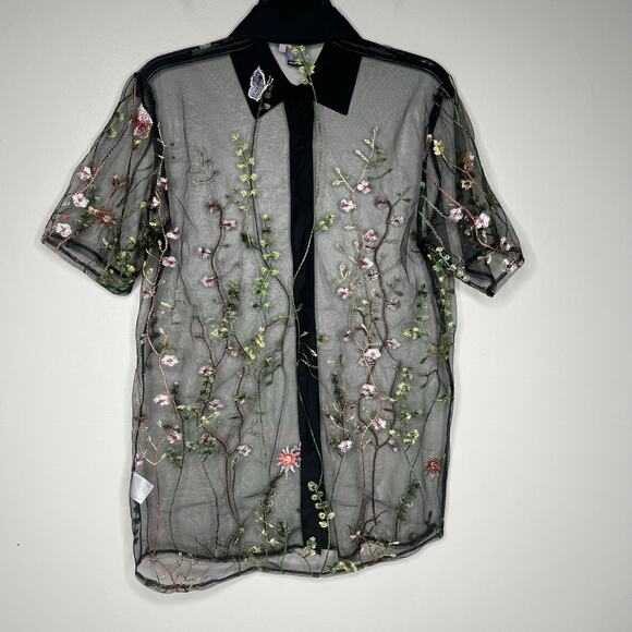 Sheer Mesh Black Embroidered Floral Top Women M Whimsigoth Dark Romantic Y2K 90s - Picture 7 of 13